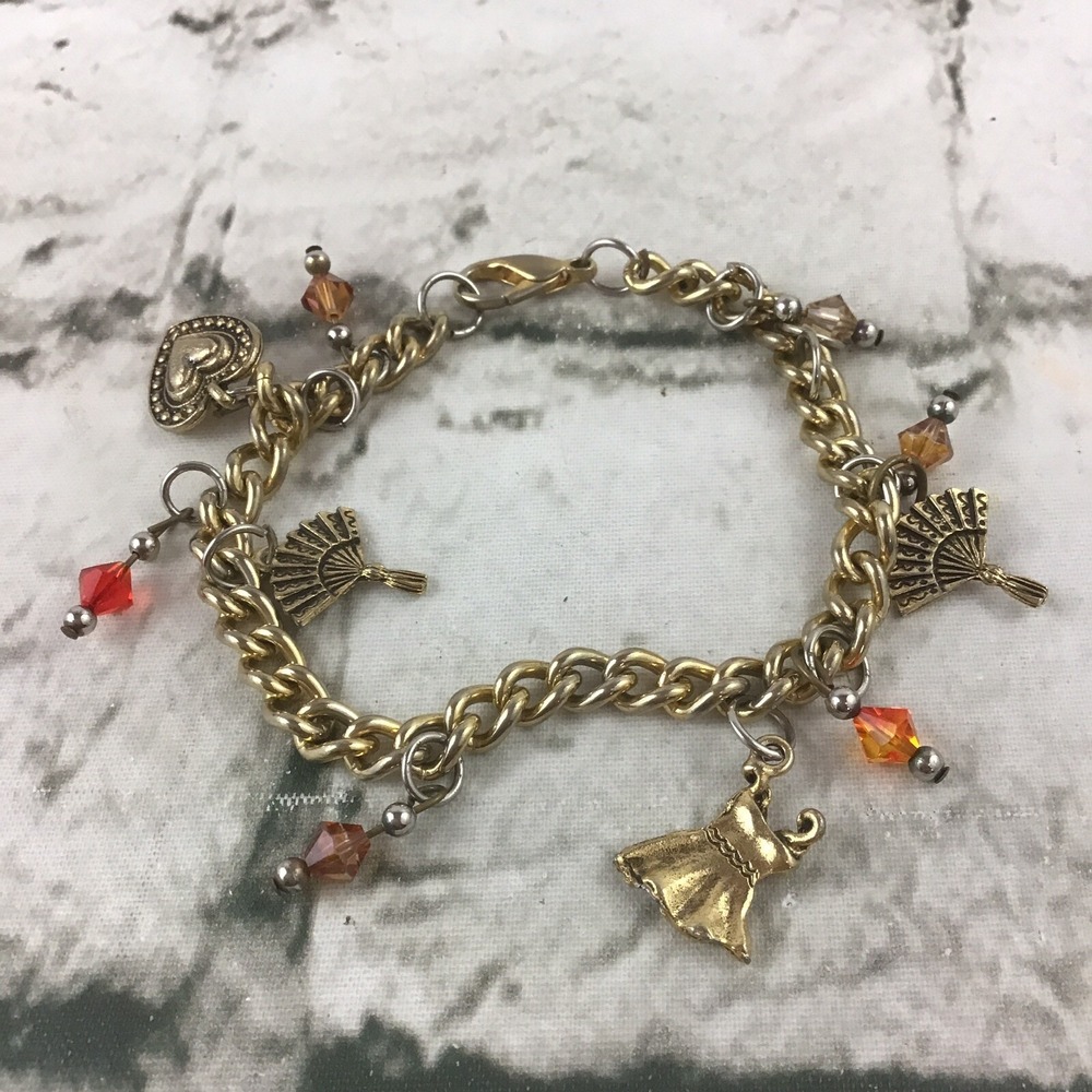 Girls Fashion Charm Bracelet Gold Tone With Dress Heart And Fan Charms